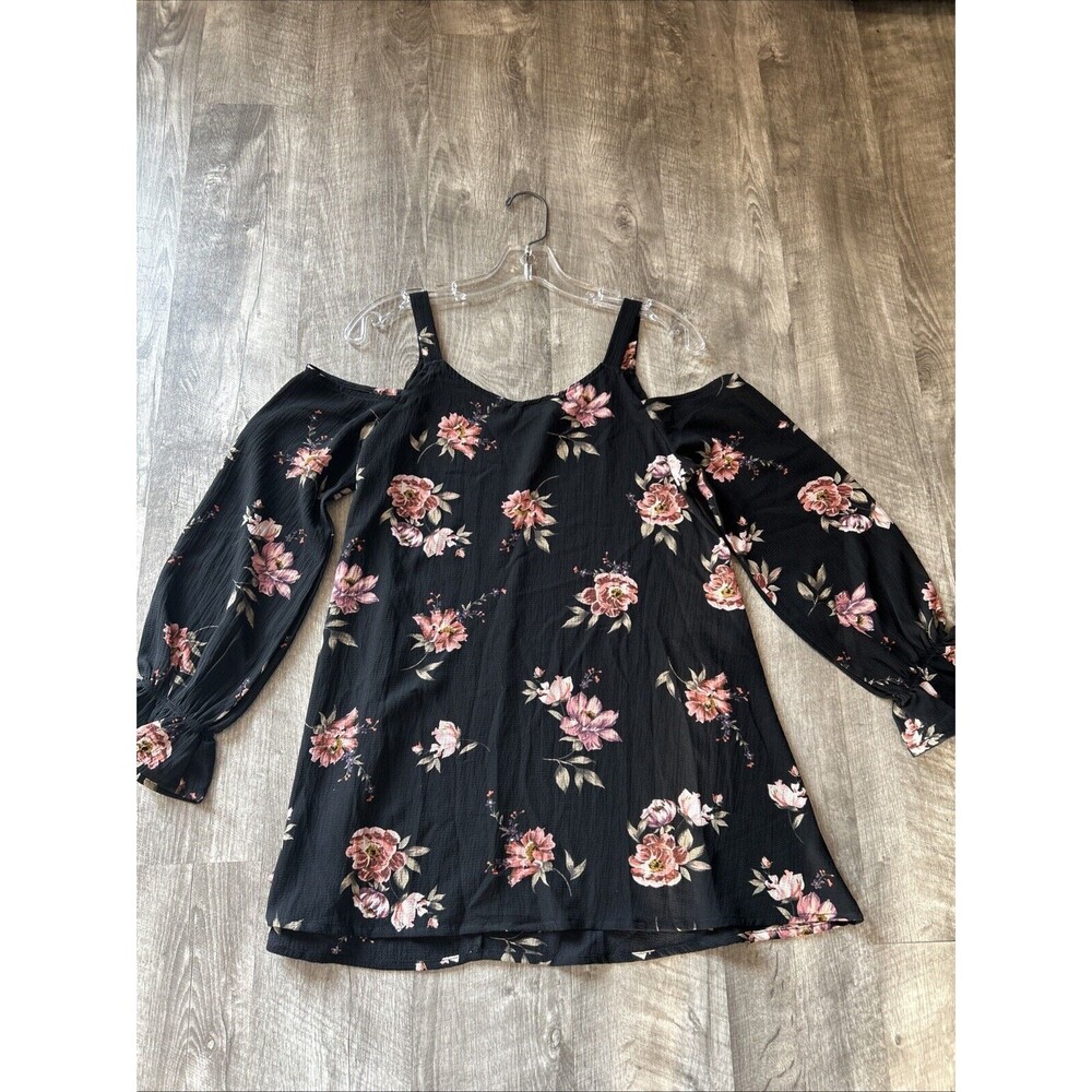 Mittoshop Long Sleeve Cold Shoulder Black Floral Blouse Top Small